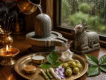 Shiva Abhishek at home with water flowing over a natural grey stone Shiva Lingam, Bilva leaves, Nandi and a brass diya.