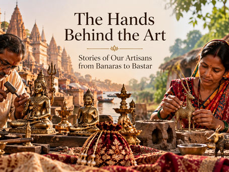 Indian metal artisan carefully working on a brass sculpture in a traditional workshop, illustrating the skills behind India's craft heritage.