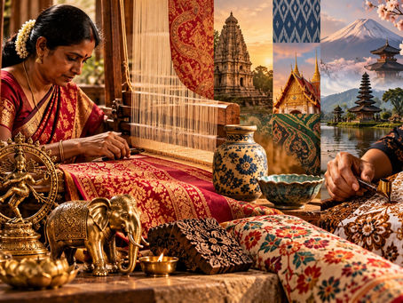 Indian artisan weaving a richly patterned silk textile on a traditional handloom, alongside traditional brass sculptures, pottery, decorative fabrics and an artisan practising batik, celebrating the diversity of Asian craft traditions.