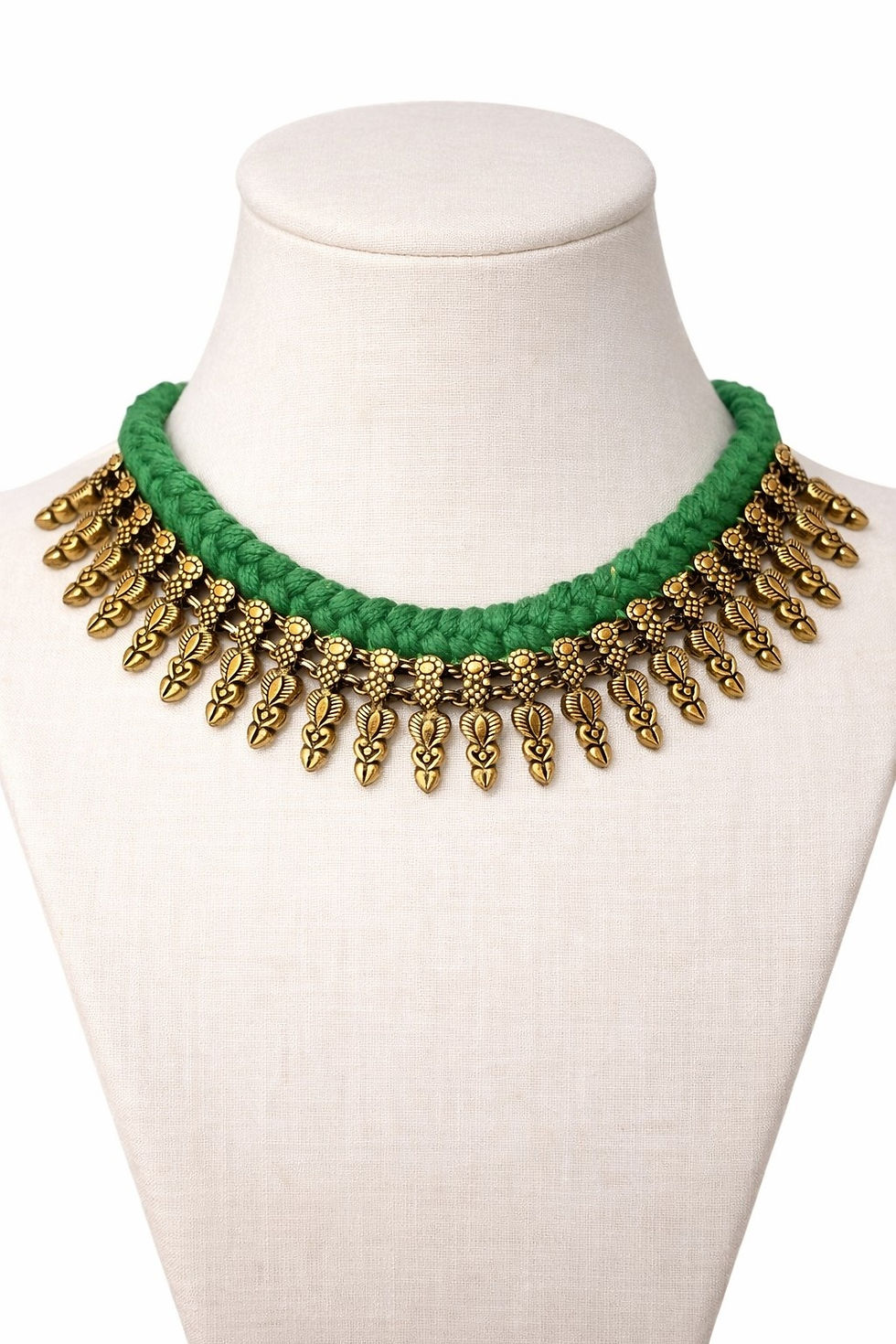 Thumbnail: athizay Handcrafted Green Thread Necklace with Antique Gold  Leaf Vine Charm