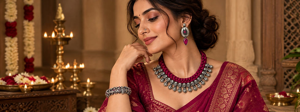 Woman wearing a ruby-coloured braided thread necklace, vintage oxidised silver earrings with ruby-red stones and an ethnic silver bracelet, styled with a burgundy saree for Karwa Chauth.