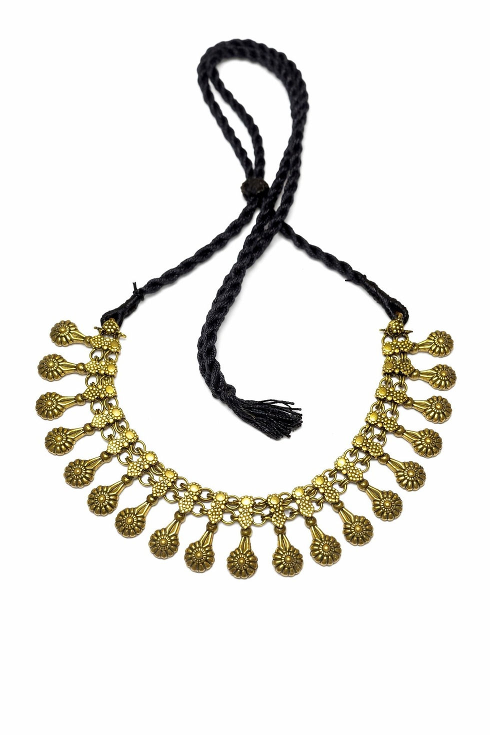 Thumbnail: athizay Antique Gold Floral Charm Bead Tribal Necklace with Black Thread Drawstr