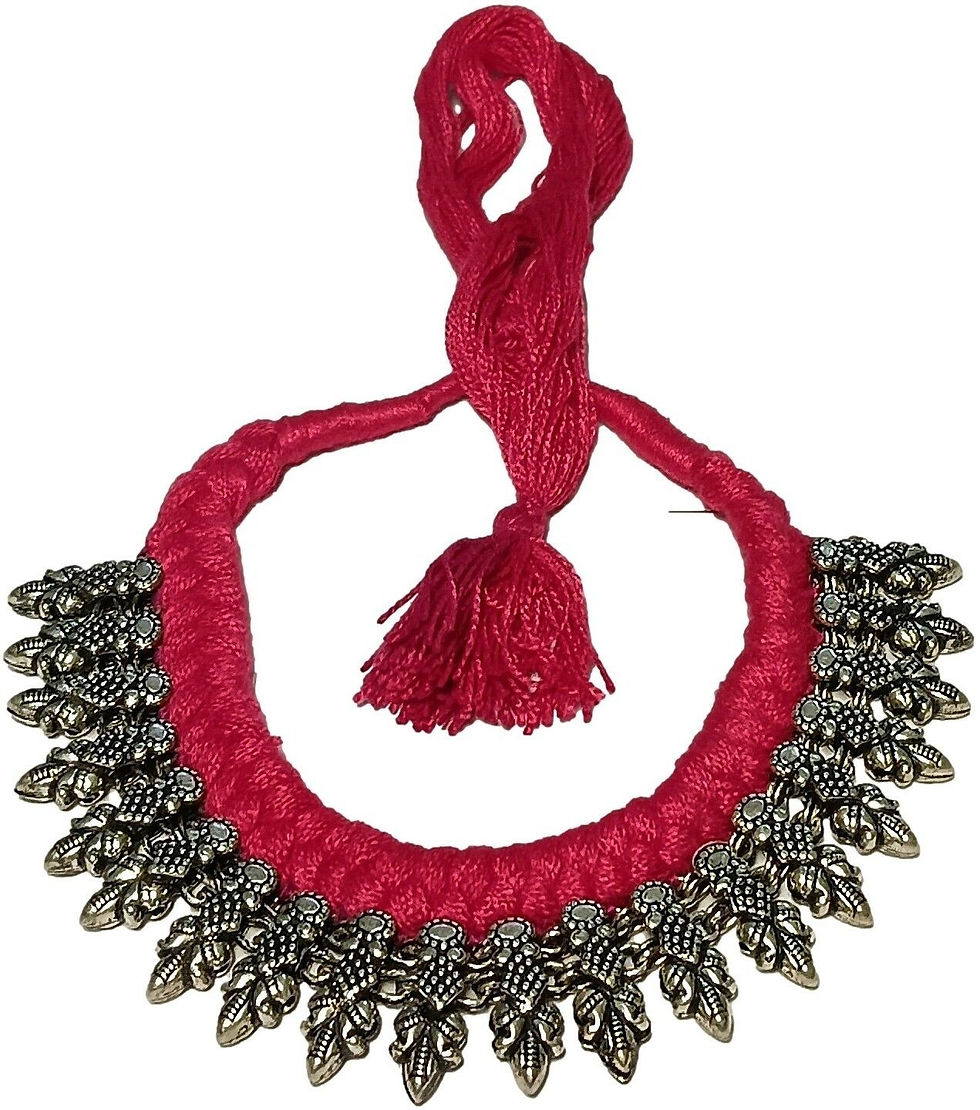 Thumbnail: Athizay Necklace Pink Thread Drawstring Mayura Leaf Bead
