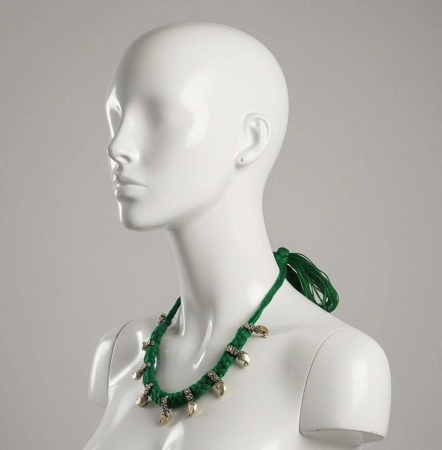Thumbnail: Green Thread Tribal Choker Necklace with Oxidised Silver Kairi Charms