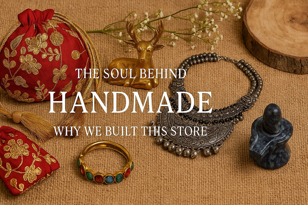 Handmade Indian crafts including embroidered potli bags, traditional jewellery, brass decor and a natural stone Shiva Lingam.