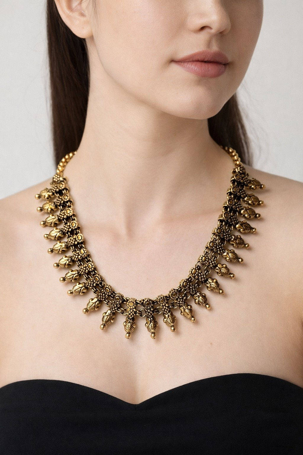athizay Antique Gold Chain Necklace with Floral Leaf Charm Bead Design