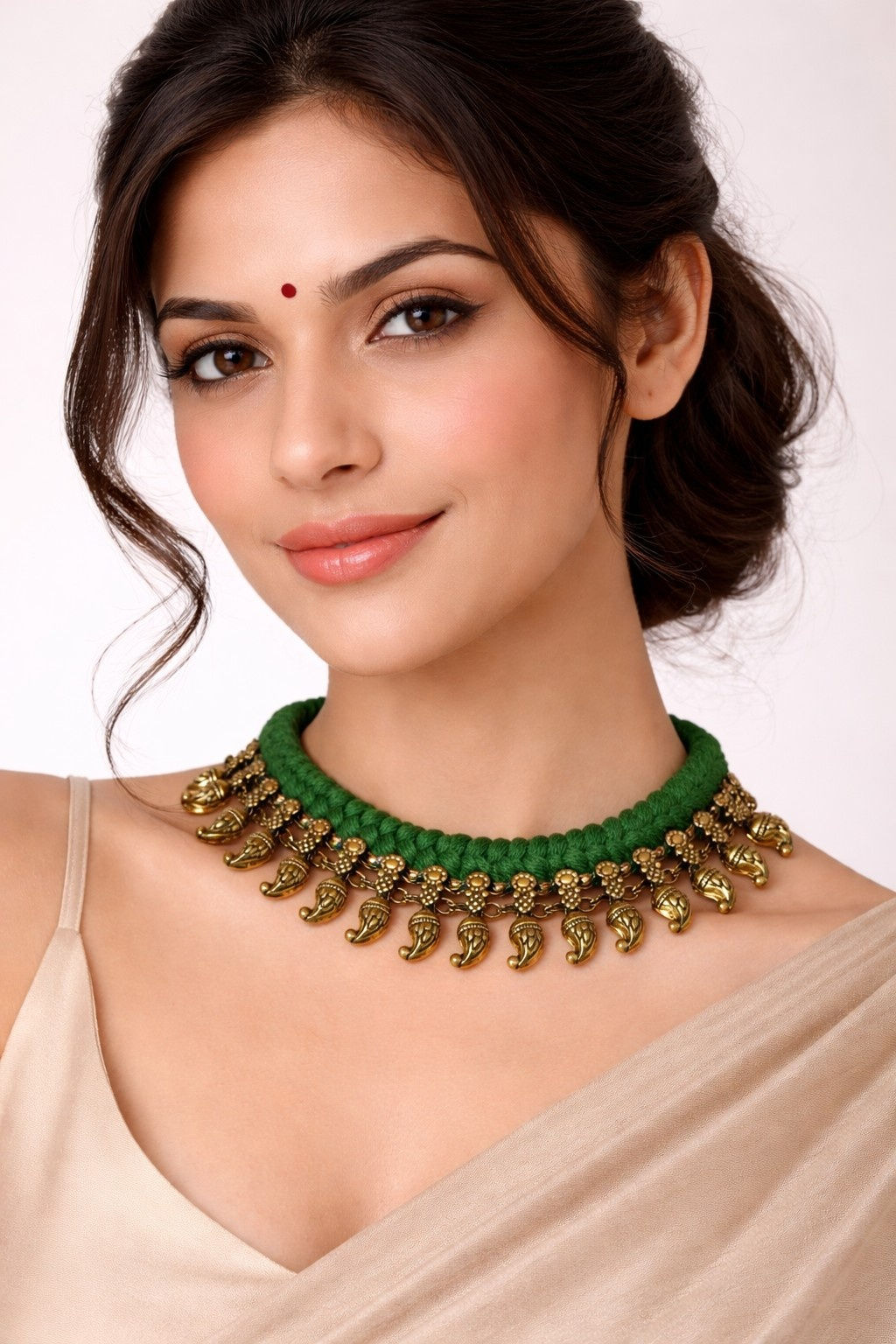 athizay Handcrafted Green Thread Necklace Antique Gold Paisley Mango Charm Bead