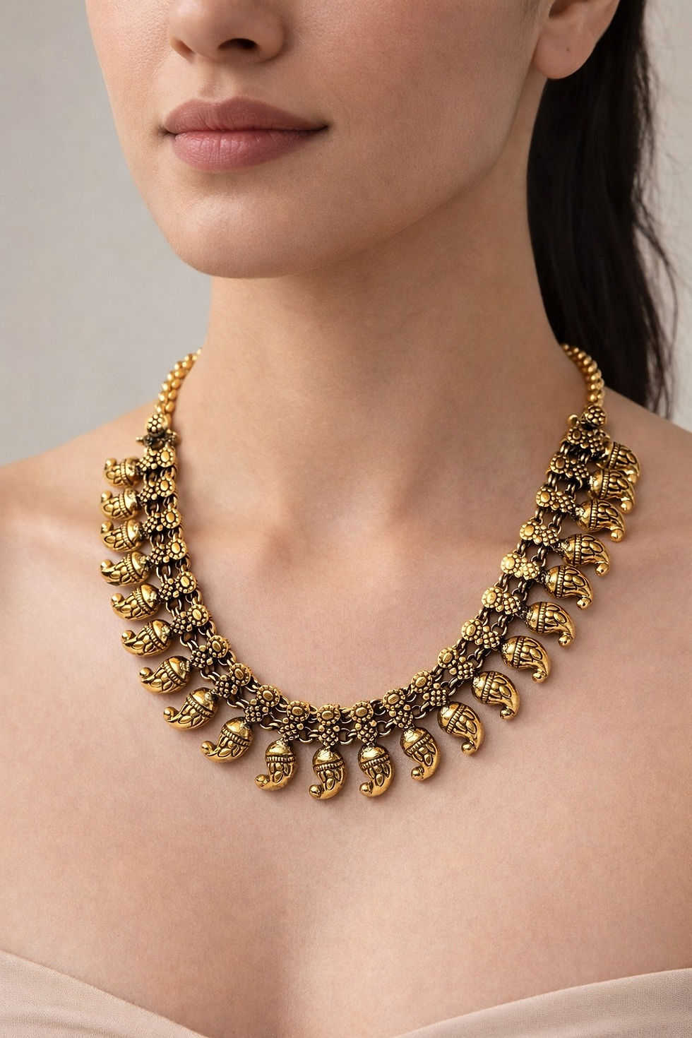 Thumbnail: athizay Antique Gold Chain Necklace with Paisley Mango Charm Bead Design