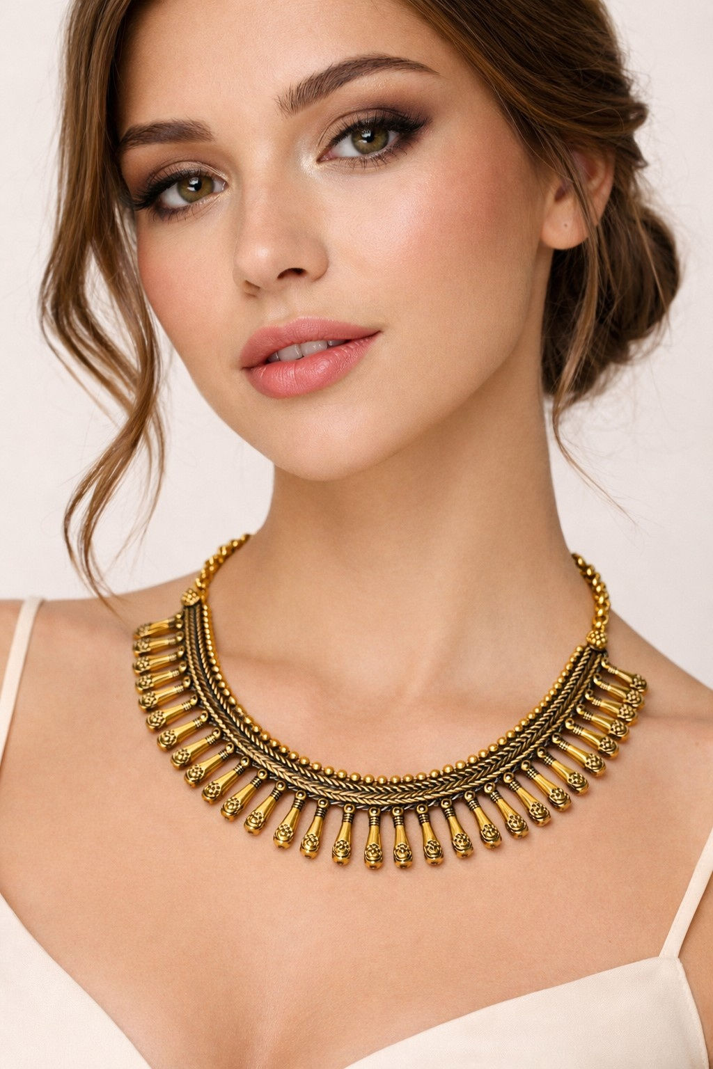 athizay Hasli Necklace Antique Gold Tribal Cylinder Charm Bead Design