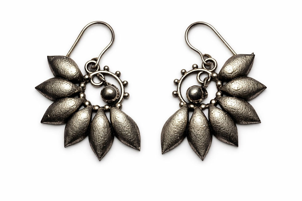 Thumbnail: athizay Oxidised Vintage Silver Petal Drop Earrings-Textured Crest Design