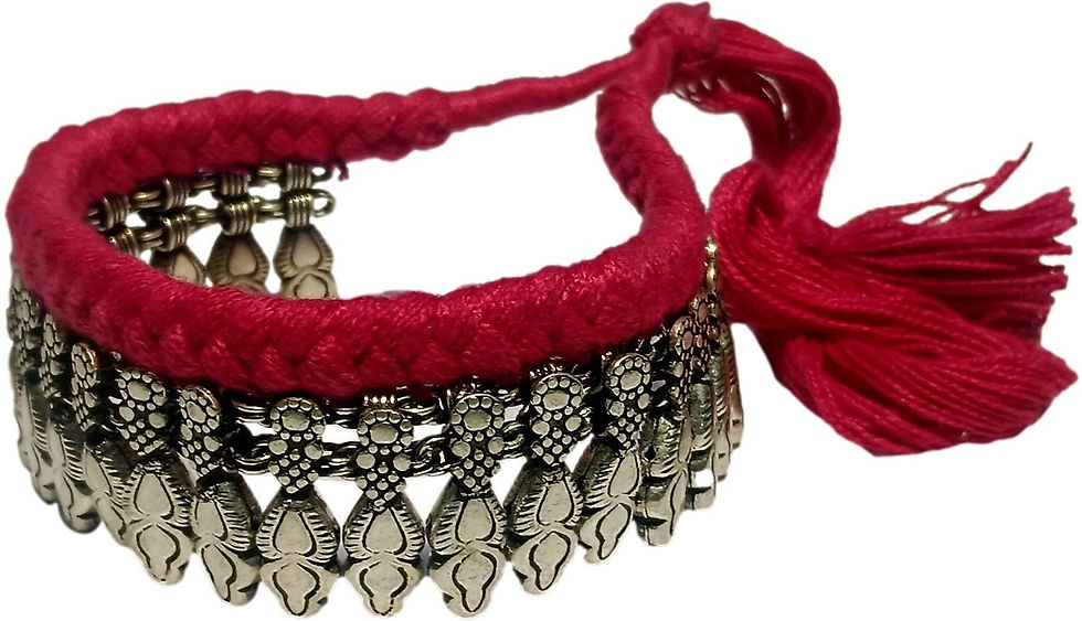 Thumbnail: athizay Pink Thread Necklace Silver Paisley Flame Drop Bead