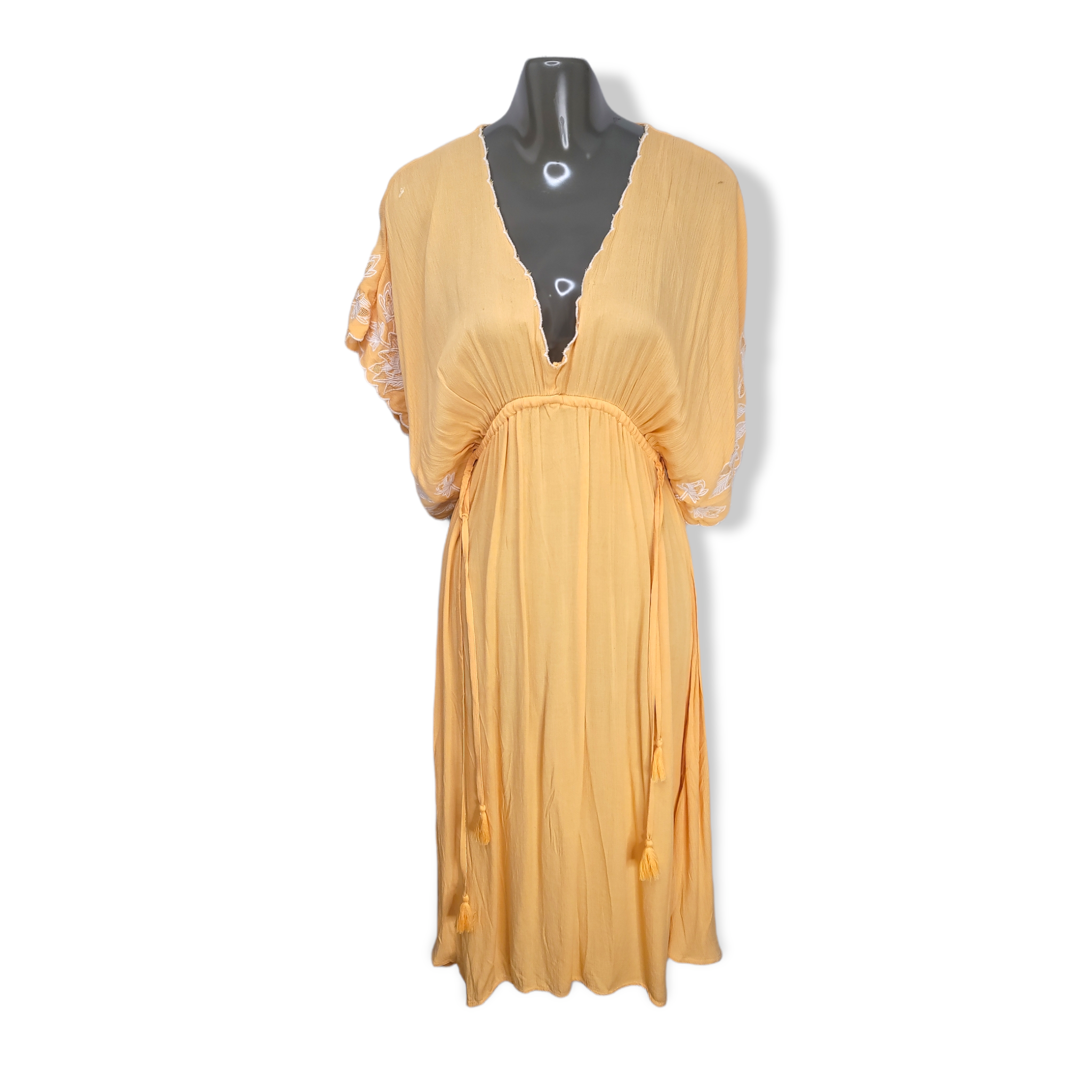 Oripcurl Women's Yellow Long Sleeve V-Neck Below Knee Length Dress Size M