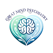Great Mind Psychiatry Logo featuring a heart and brain symbolizing compassionate and comprehensive mental health care