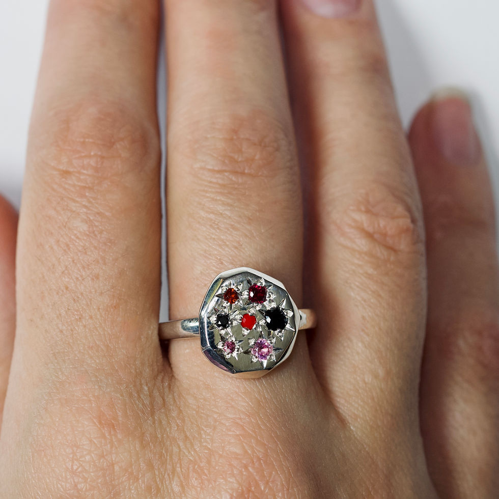 Sterling Silver Stargazer ring with Coral, Spinel, Garnet, Rubelite and Tourmaline and LAB Pink Sapphire on hand