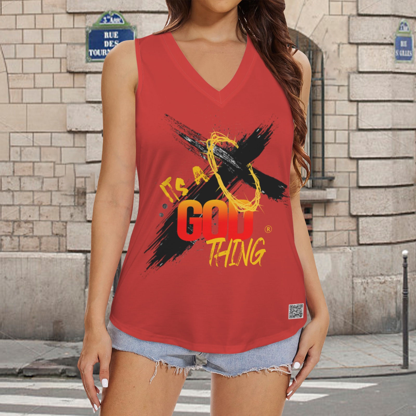 Ladies Red Tank Black Logo Women's V-Neck Sleeveless Tank Top