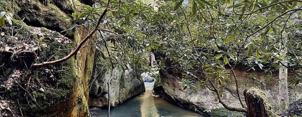 A photograph of a hidden gem scene waterway between the rocks along the hike to Dog Slaughter Falls in Corbin Ky
