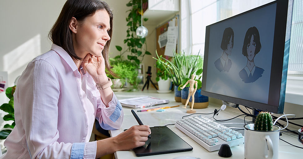 a character designer using single-tasking to focus on a client project with a tight deadline