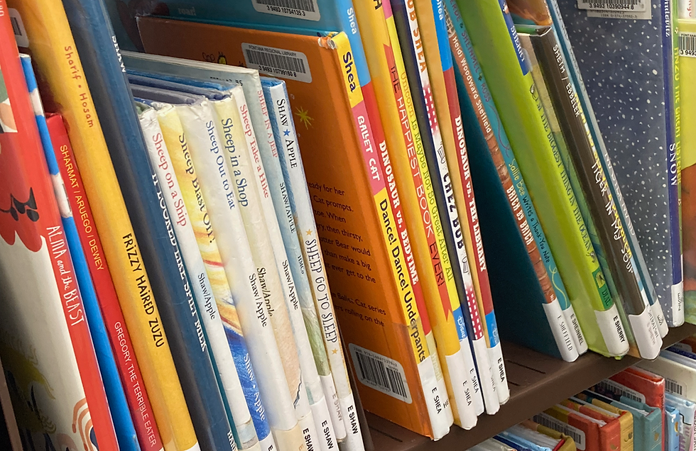 Childrens' books on a library shelf.