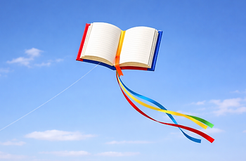 illustration of a kite shaped like a book flying in a blue sky with light clouds