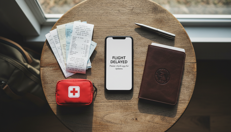 Overhead view of travel receipts and a phone beside a small first aid kit