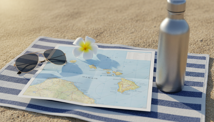 Close-up view of a paper island map beside sunglasses and a plumeria flower on a beach towel.