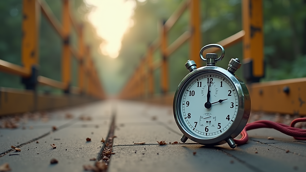 Close-up view of a stopwatch and a ninja obstacle course in the background