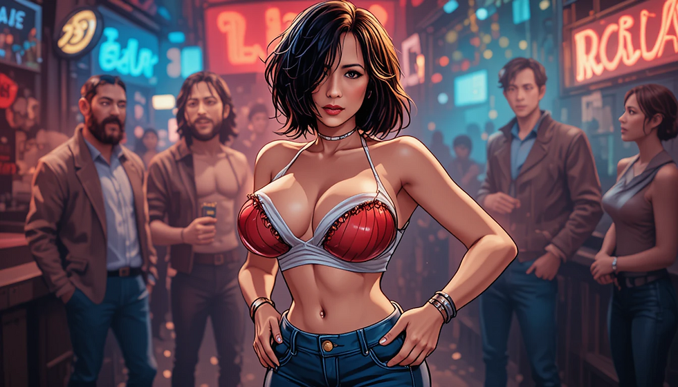 Bimbo transformation, woman stripped into red and black lingerie, huge breasts pushed up, nipples almost exposed, standing under bar lights as men watch