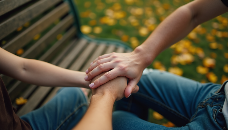 High angle view of a couple holding hands on a park bench, symbolizing connection
