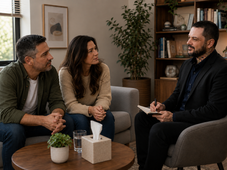 Male couples therapist taking notes during a counselling session with a couple seated opposite him in a calm, modern therapy room.