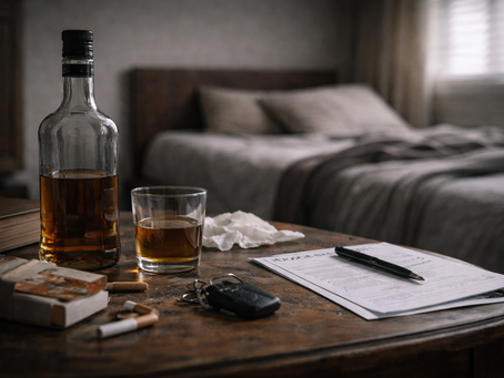 Dimly lit bedroom scene with a wooden bedside table holding a whiskey bottle, half-filled glass, cigarettes, car keys, tissues, and paperwork, with an unmade bed blurred in the background, suggesting distress and domestic tension.