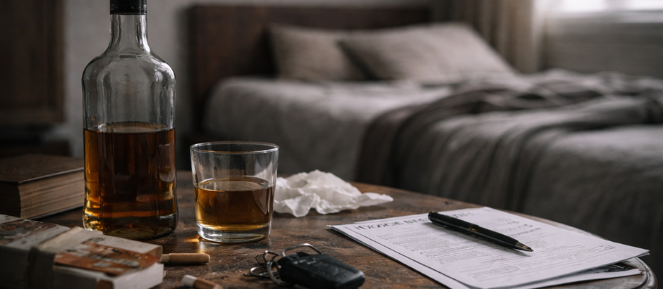 Dimly lit bedroom scene with a wooden bedside table holding a whiskey bottle, half-filled glass, cigarettes, car keys, tissues, and paperwork, with an unmade bed blurred in the background, suggesting distress and domestic tension.