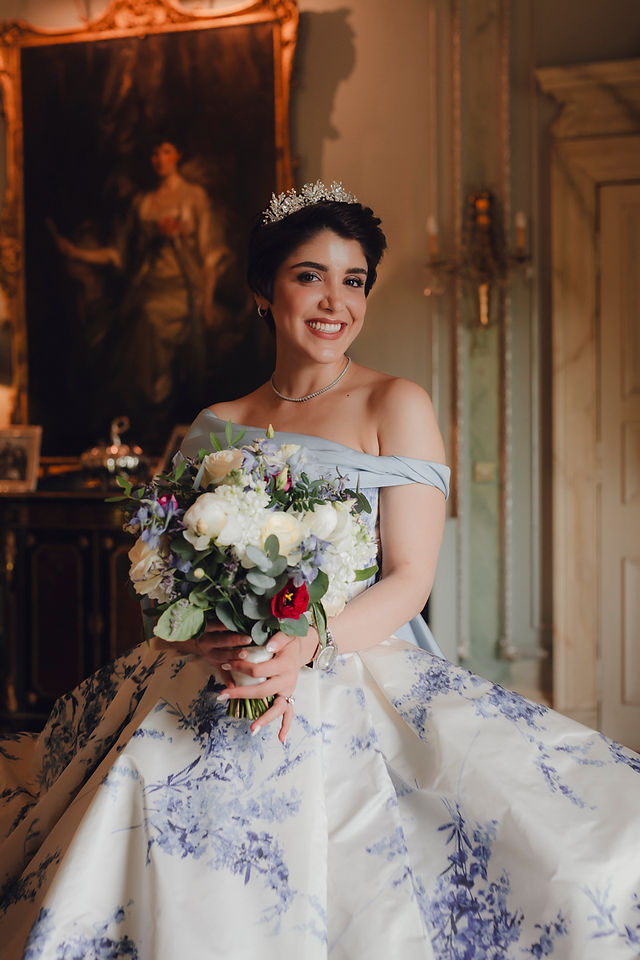 Bridal portraits — tiara, bouquet by Stockbridge Flower Company, and Sareh Nouri gown styled for a fairytale Scottish castle wedding. Drawing room.