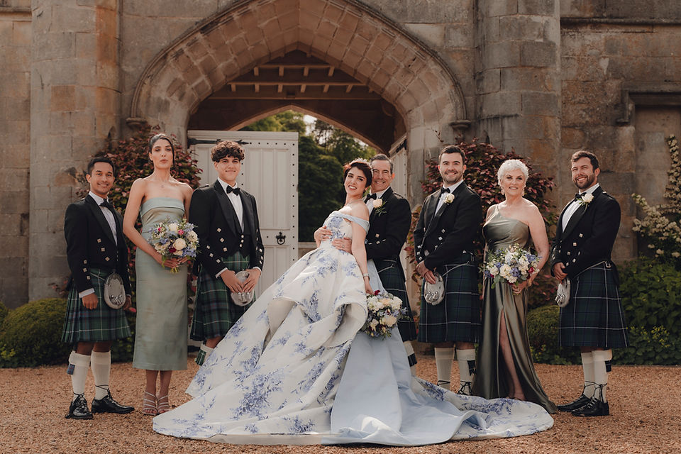 Elegant table setup with poetry quotes and wildflowers, Scottish castle wedding reception styling inspiration. dundas castle, bridal party, bagpipper, bride and groom. romantic wedding