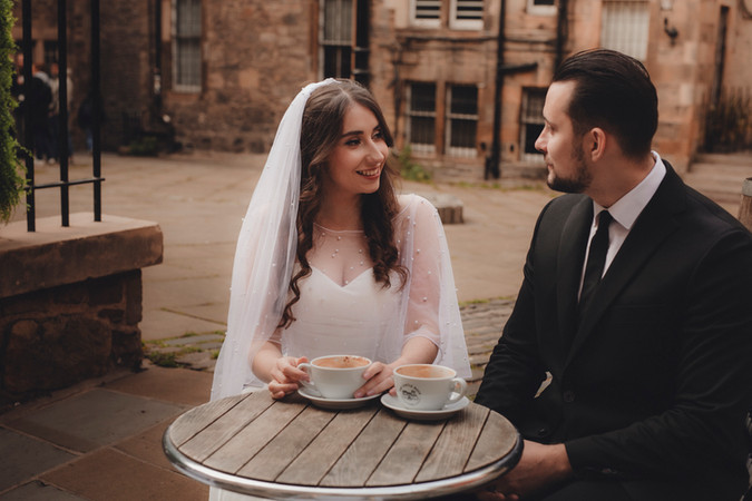 Couple enjoying a romantic wedding elopement near the Writers’ Museum in Edinburgh, photographed to capture historic charm and storytelling atmosphere