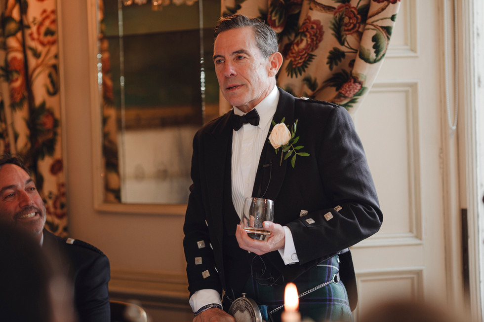 Croquet Room decorated with violet and white florals for wedding breakfast at Dundas Castle.  Elegant table setup with poetry quotes and wildflowers, Scottish castle wedding reception styling inspiration.