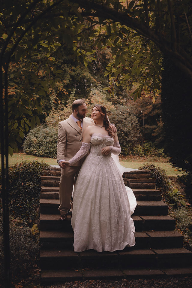 Romantic couple portraits at Balbirnie House Hotel gardens Scotland autumn wedding