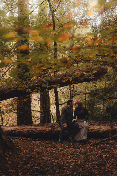 Destination couple photography in Dunkeld, Scotland, cinematic storytelling in a natural woodland setting.