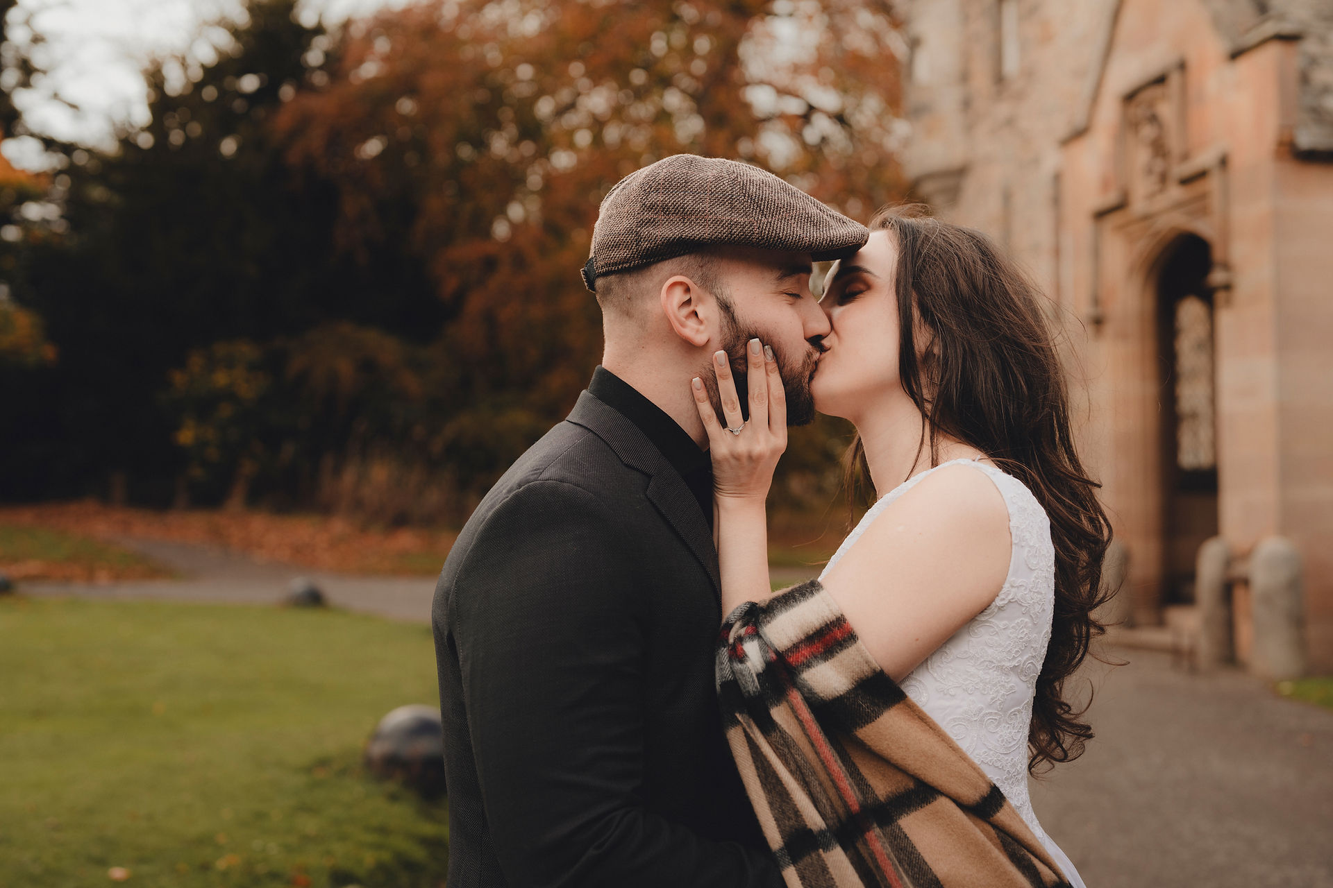 Autumn outdoor couple portraits at Lauriston Castle, Scotland photographed by a Scotland wedding photographer.