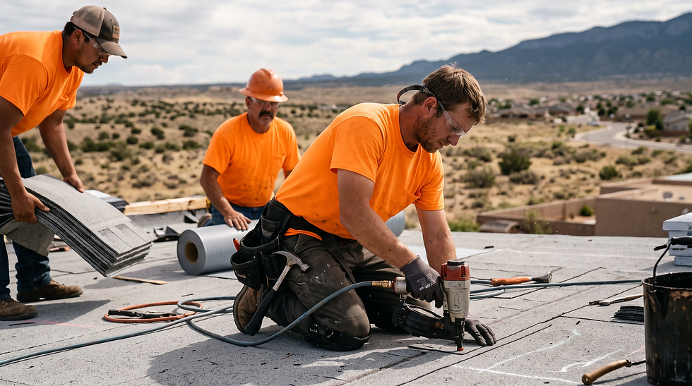Lightning Construction crew laying down shingles on a roof