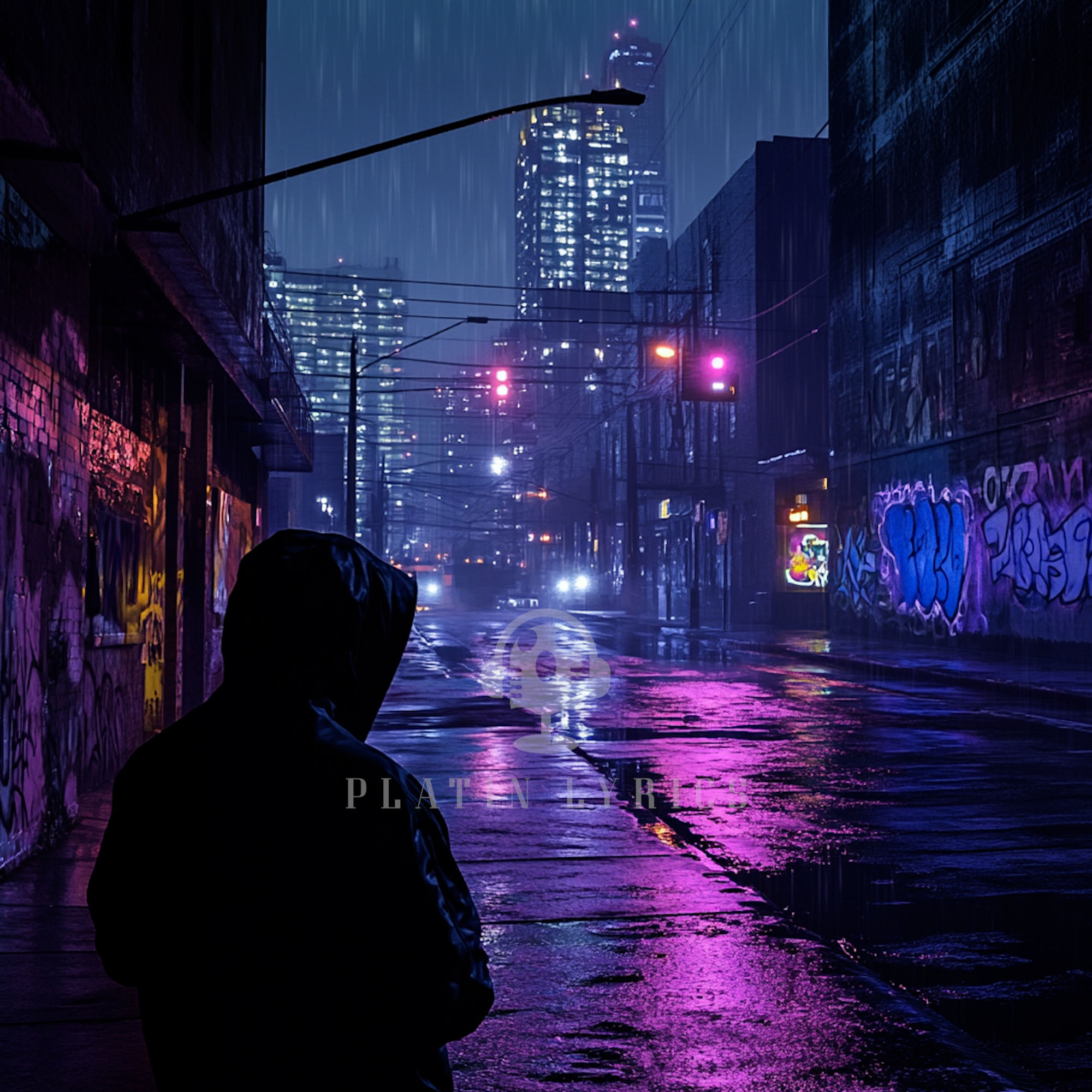 Artwork einer modernen urbanen Stadtszene mit hohen Gebäuden Lichtern und Straßen. Mann schaut in einer urbanen Gegend herum.