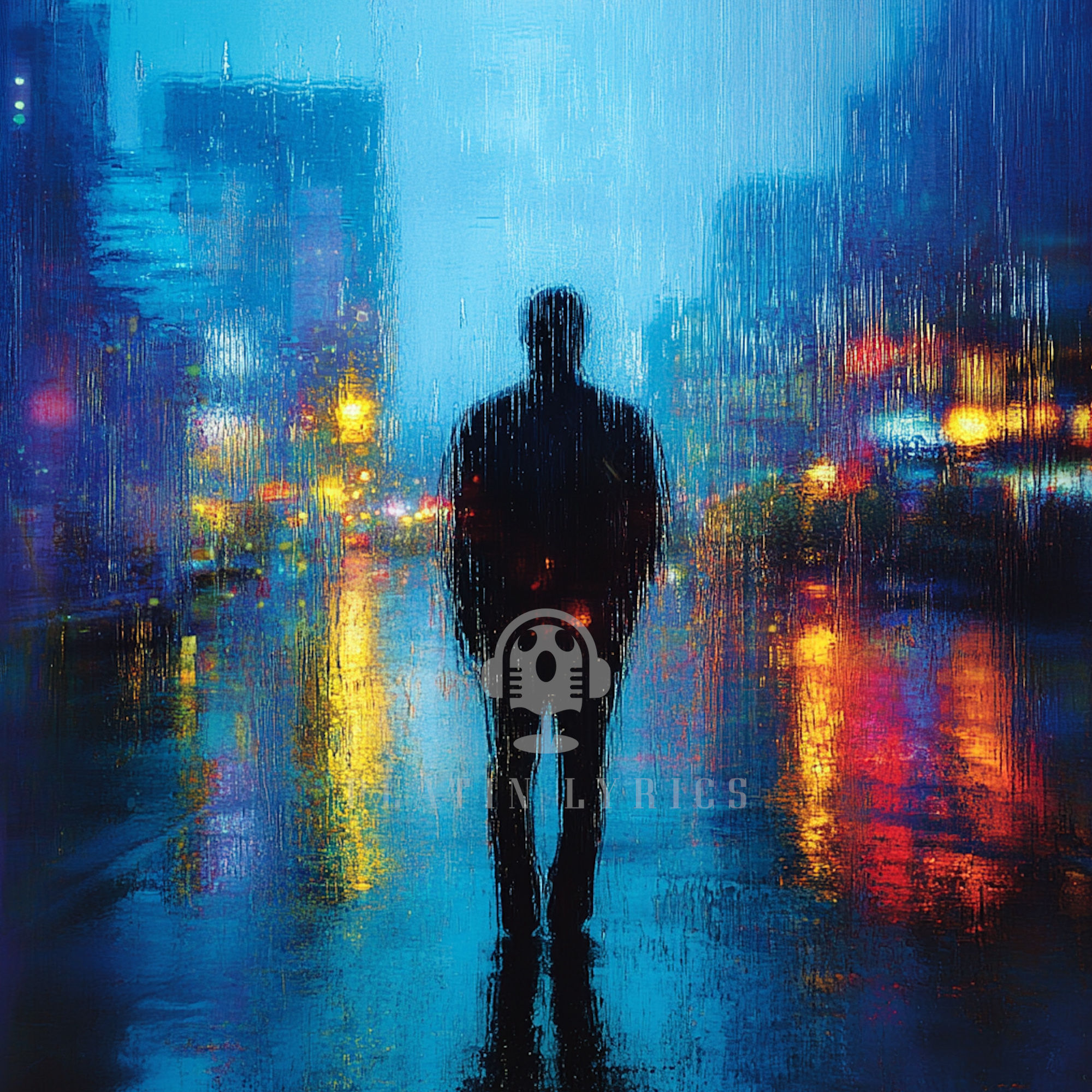 Artwork of a man walking in the city at night in the rain with colorful reflections on wet streets.