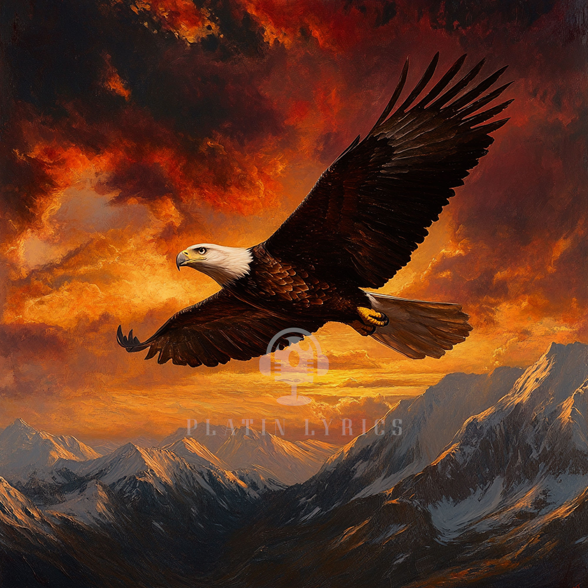 Artwork of a majestic eagle soaring through the sky with outstretched wings against a dramatic sunset capturing freedom power
