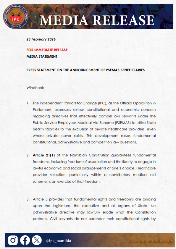IPC Shadow Minister of Health and Social Services concerned about imposed usage of public health facilities by GRN employees