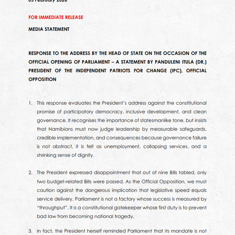 IPC President, Dr Panduleni Itula responds to the address by the Head of State on the occasion of the official opening of parliament