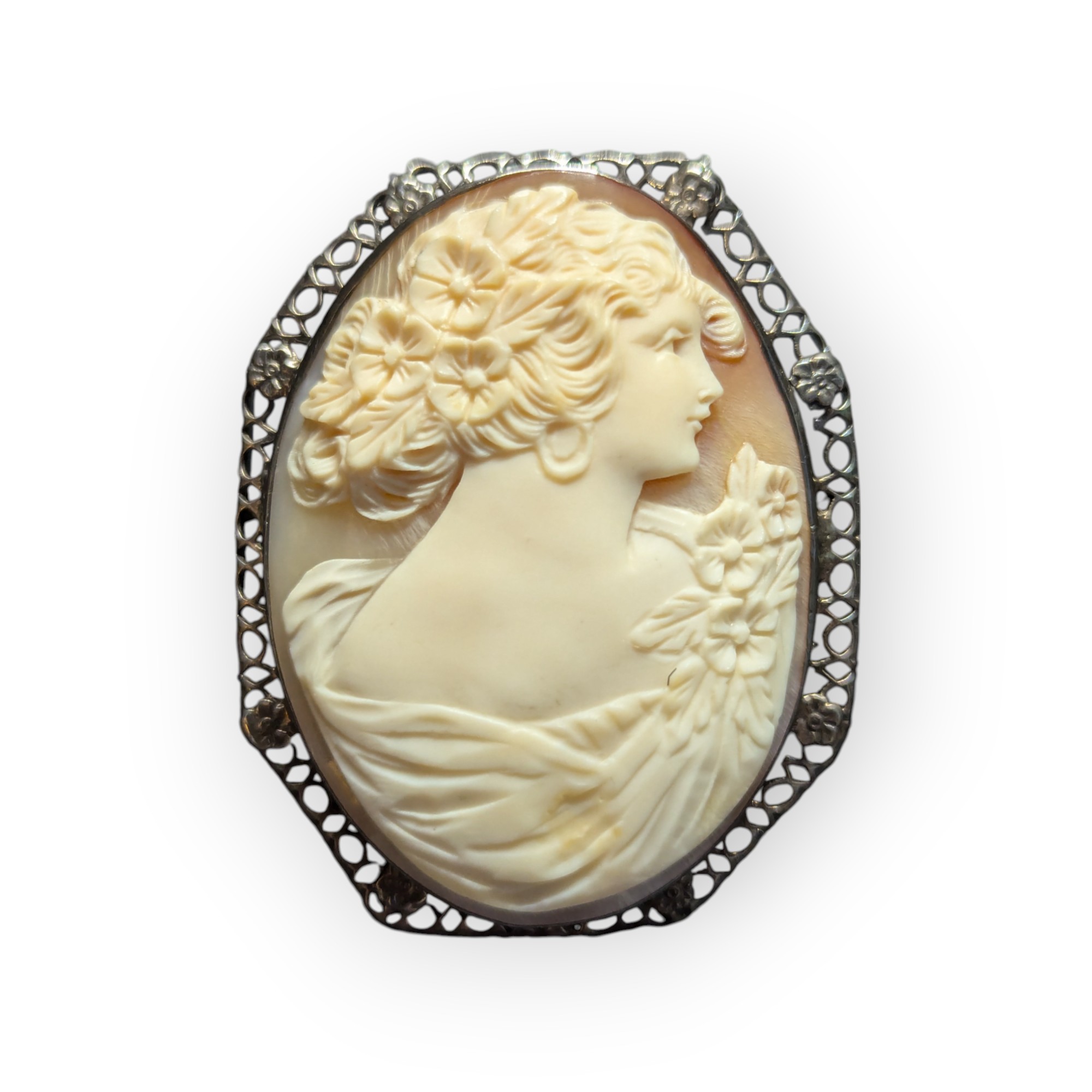 Victorian Filigree Hand Carved Cameo Brooch – Default Title