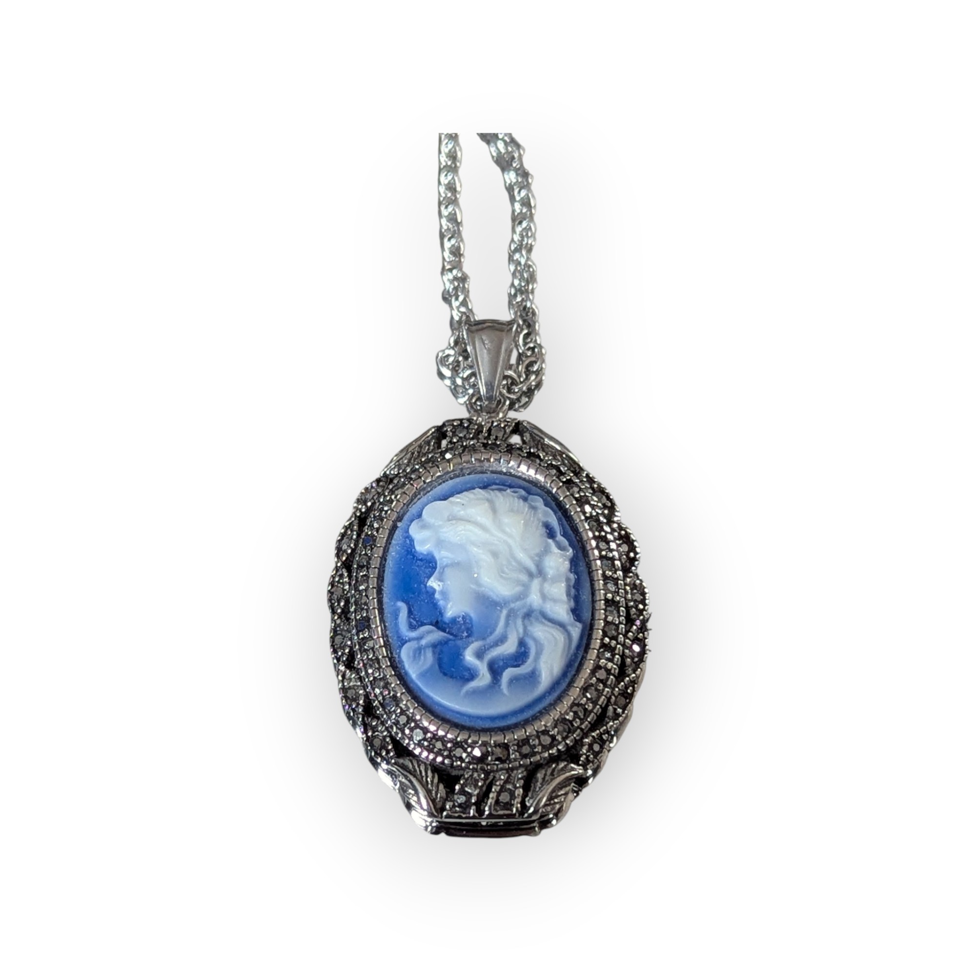 Marcasite & Carved Blue Cameo Necklace – Image 4