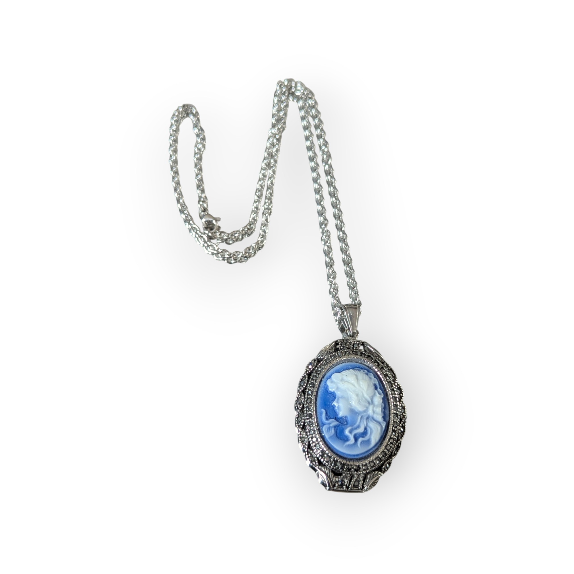 Marcasite & Carved Blue Cameo Necklace – Default Title