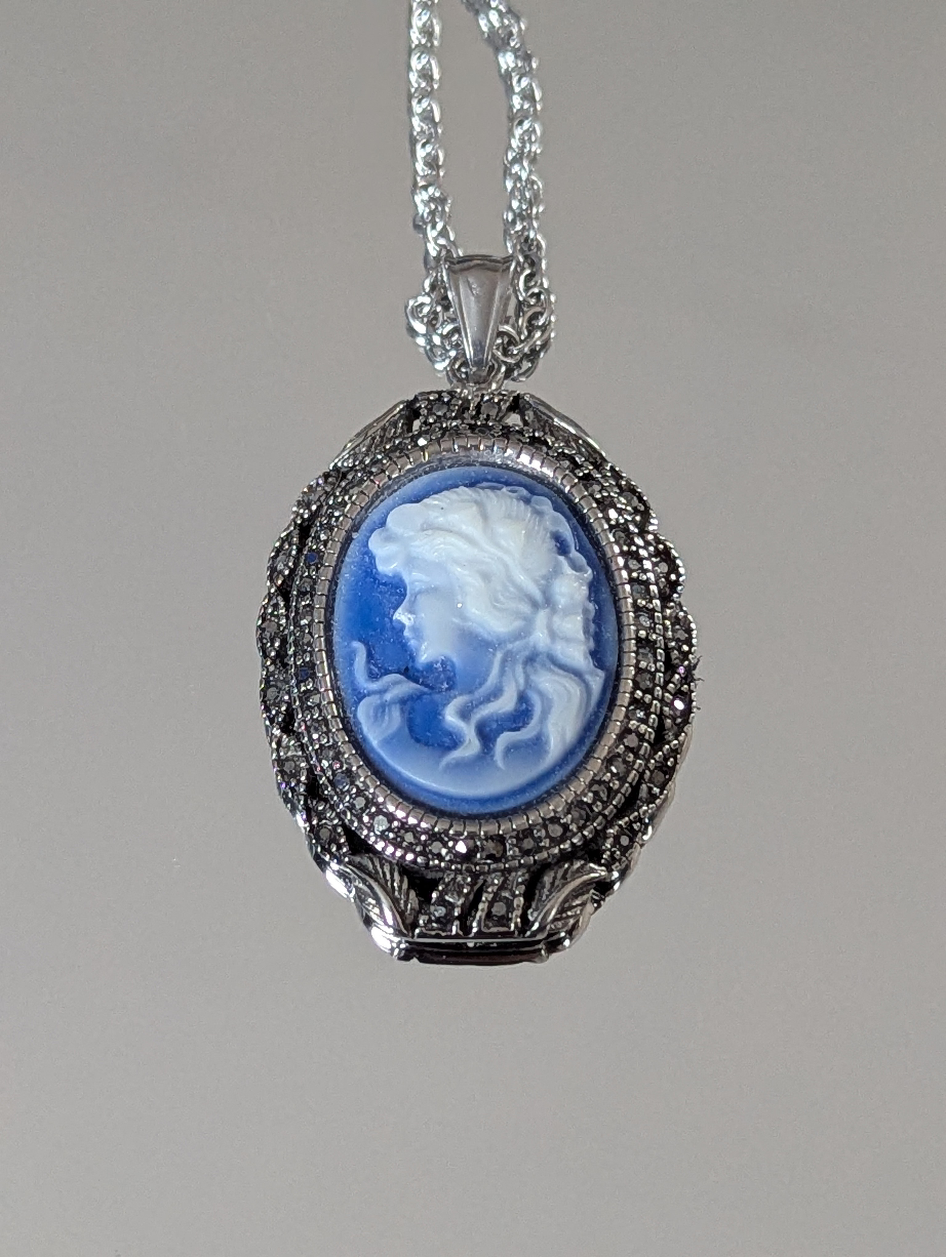 Marcasite & Carved Blue Cameo Necklace