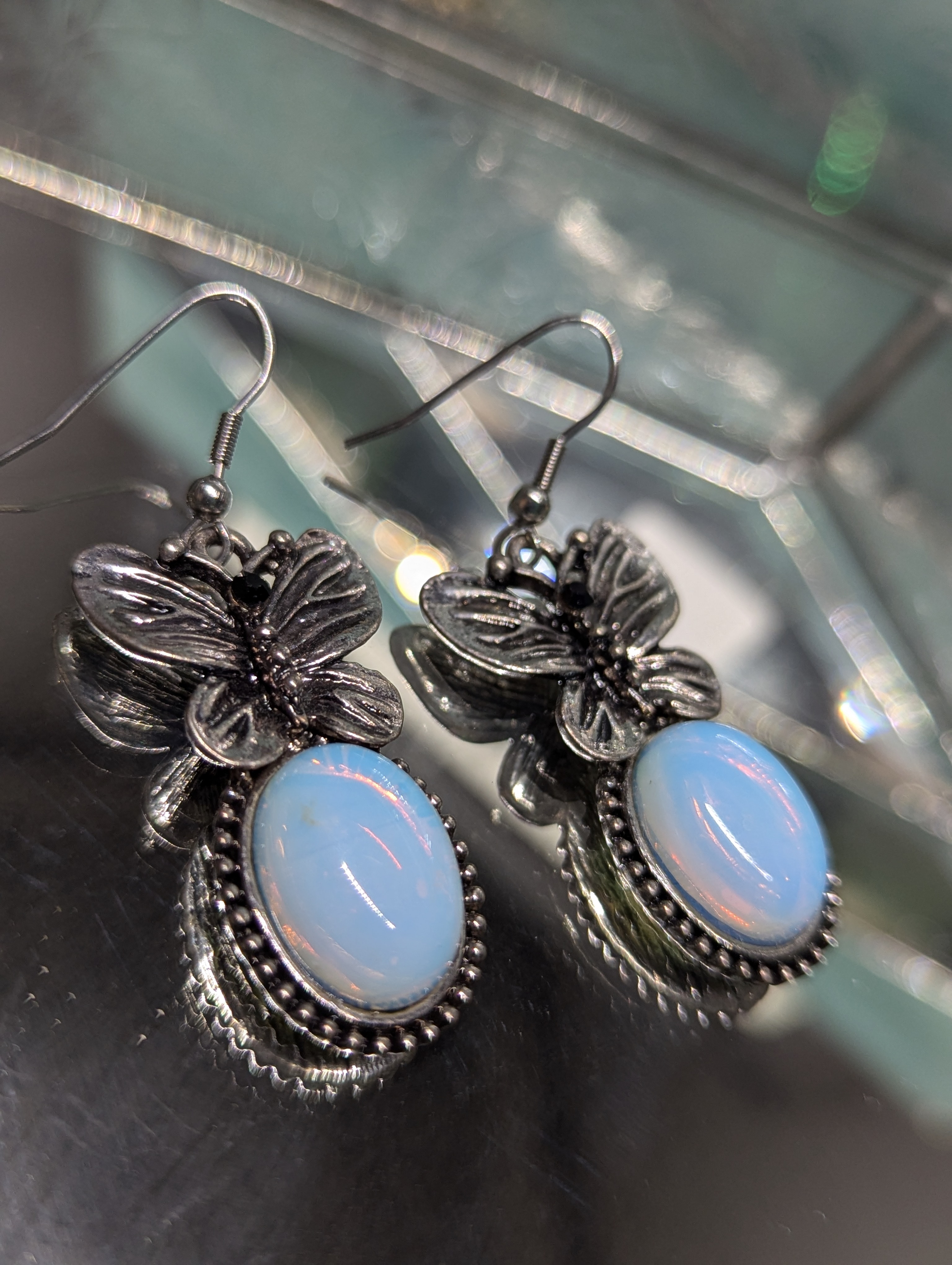 Moonstone Blue Glass Small Vintage Style Earrings