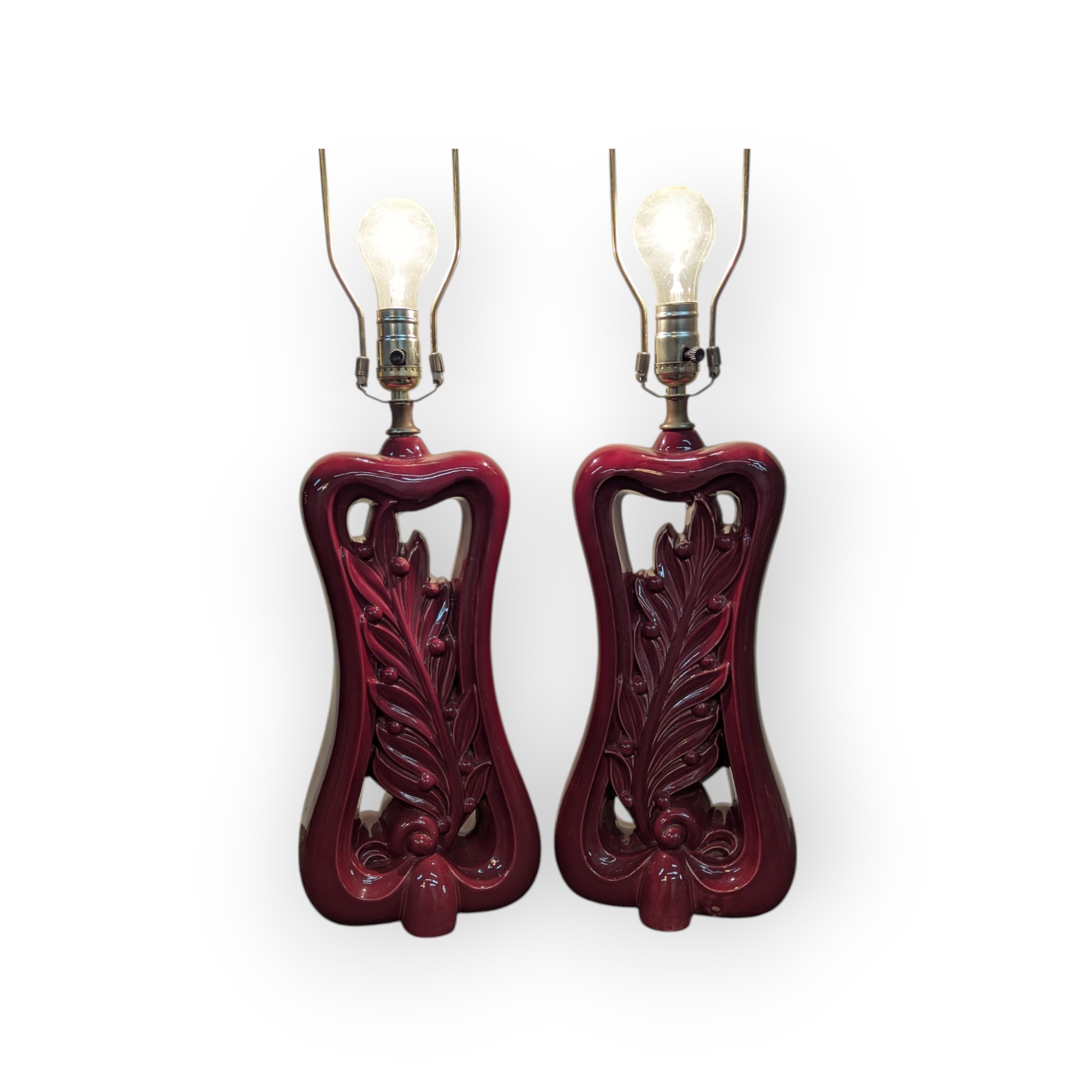 Pair of Burgundy Ceramic Berry Leaf Lamps